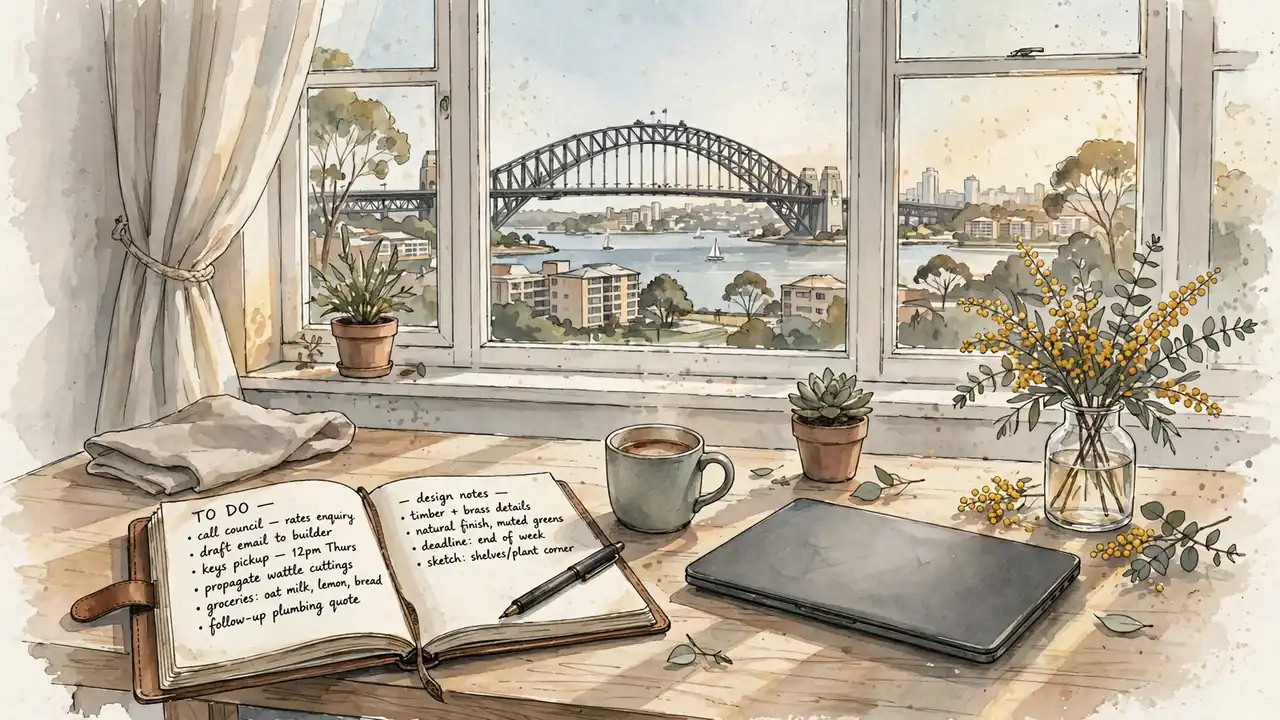 Sunlit Australian home office desk with notebook, coffee, and harbour view.