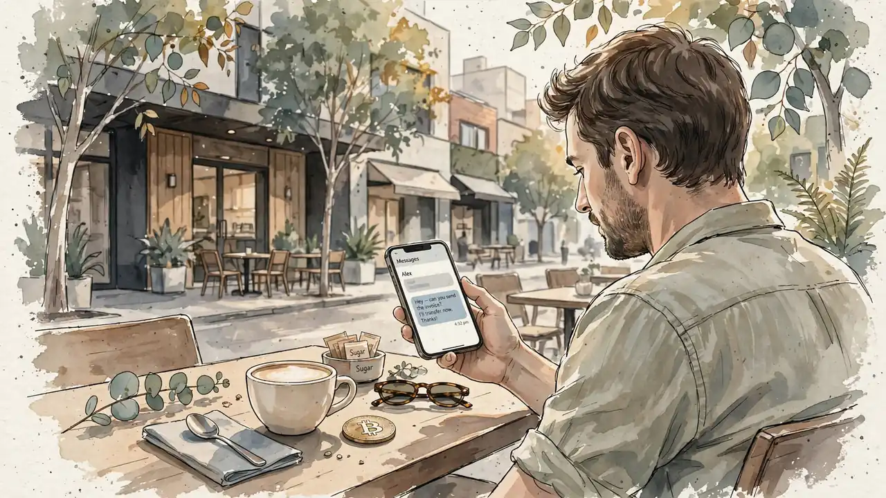 Person at an Australian outdoor café with a Bitcoin token and a smartphone, eucalyptus trees in the background