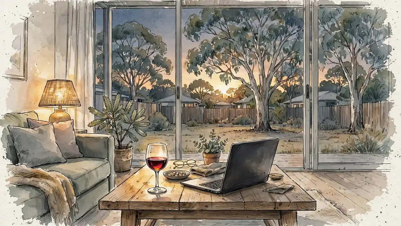 Australian home at sunset with eucalyptus trees outside, wine glass and angled laptop on coffee table.