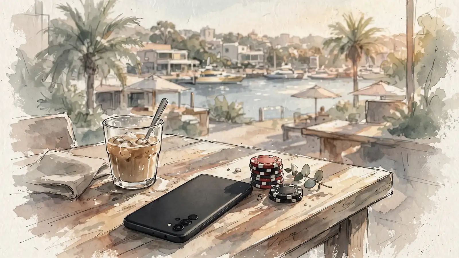 Android phone face-down on a café table with poker chips, Australian coastal city behind