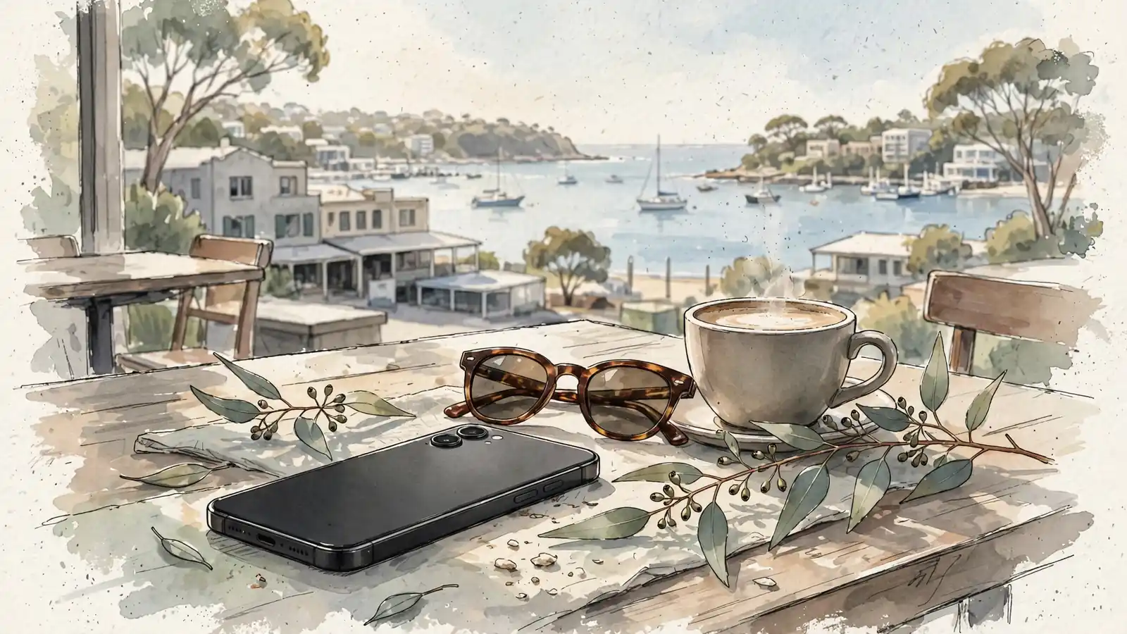 Smartphone on a sunny Australian cafe table with harbor view in background