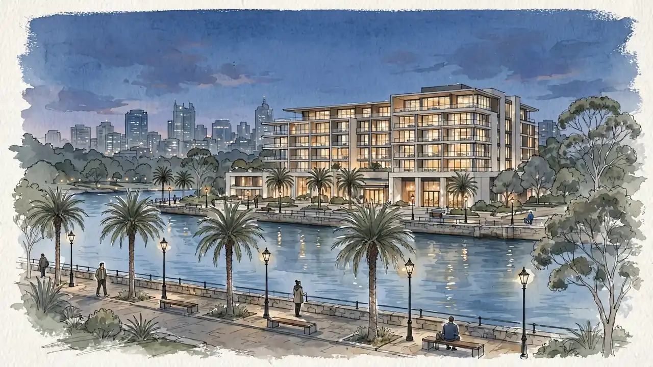 Modern luxury casino hotel on Swan River waterfront in Perth at twilight