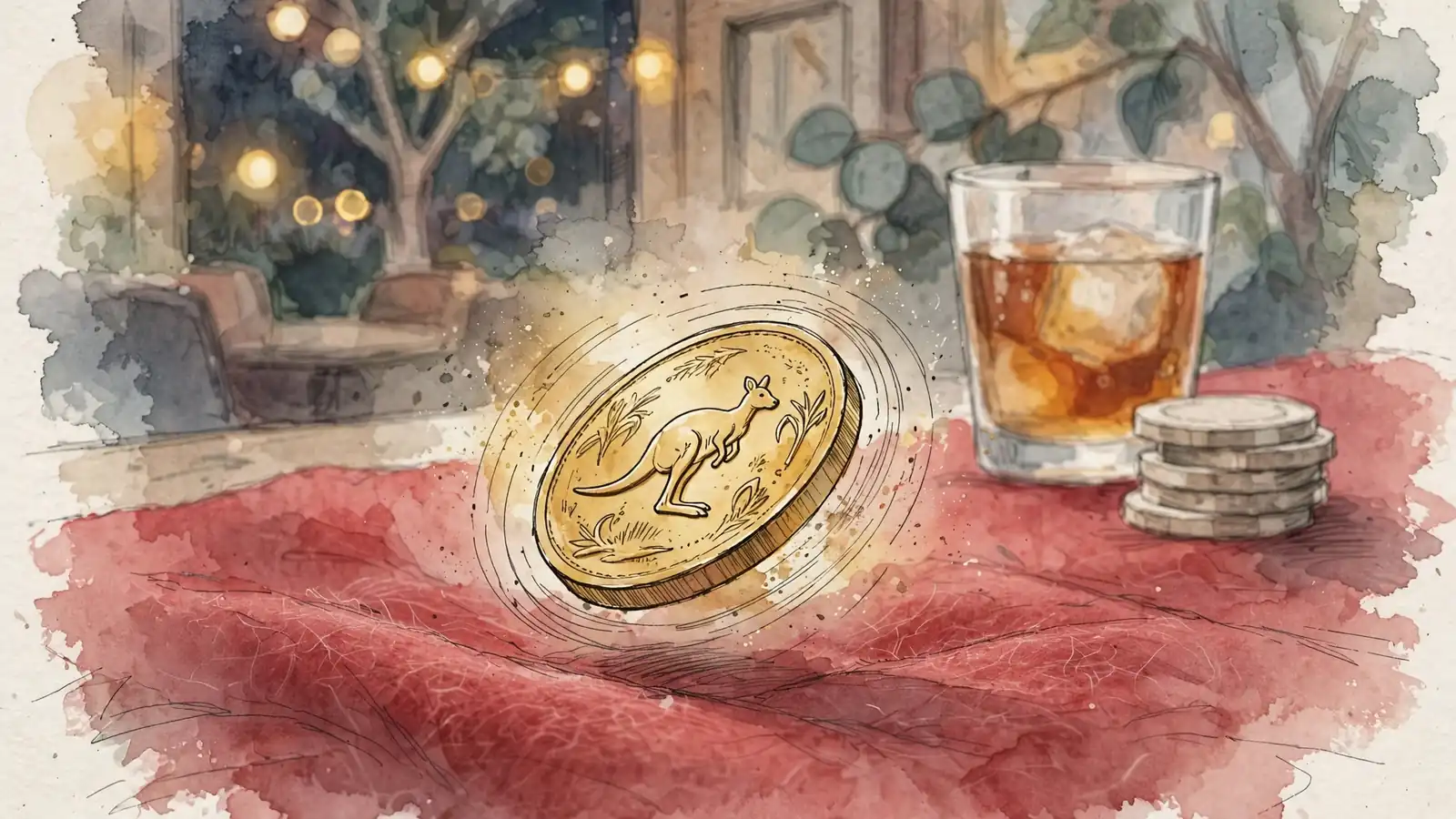 Gold coin spinning on red felt with stacked chips and warm ambient lighting