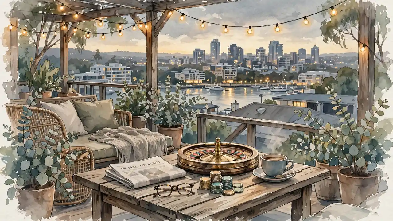 Australian rooftop lounge at dusk with roulette wheel and city skyline