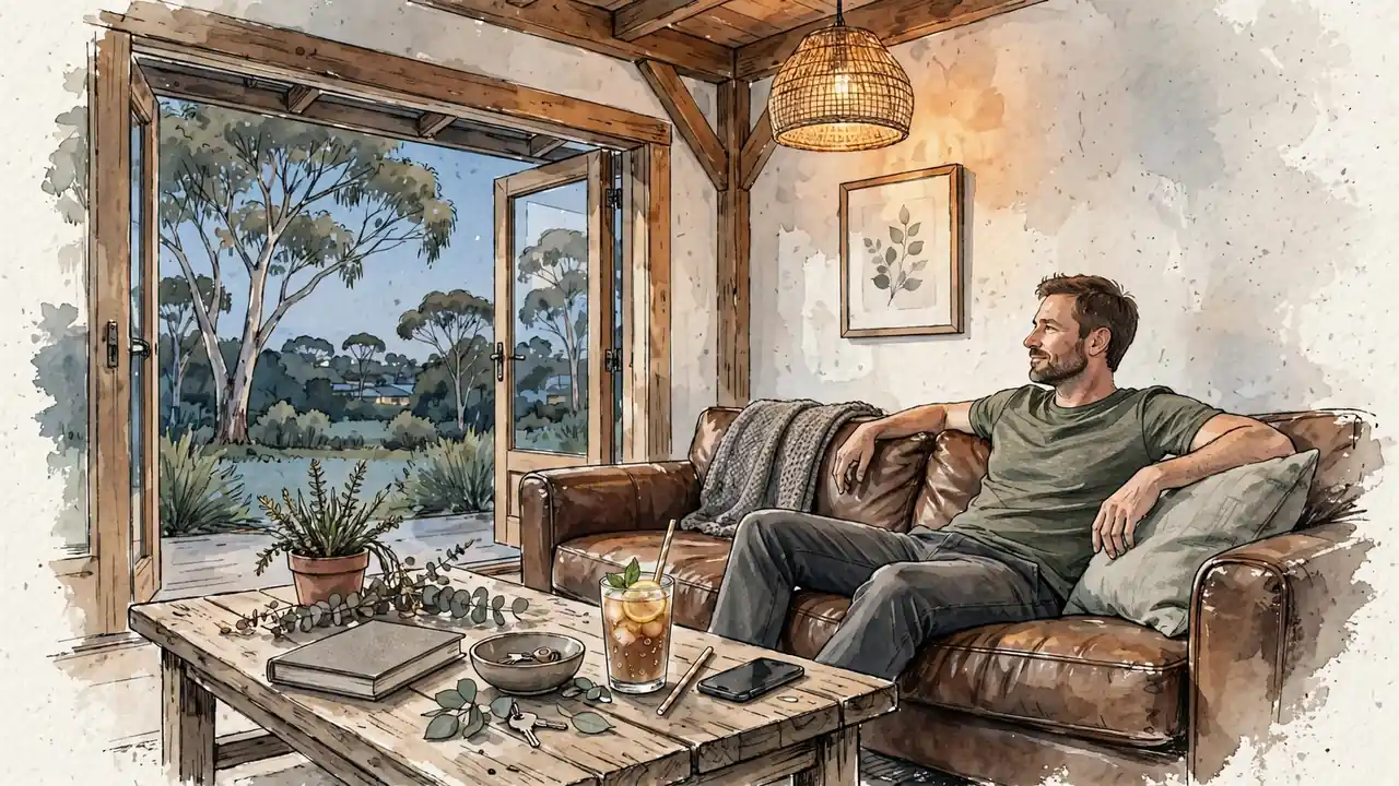 Person relaxing in Australian home with phone down at dusk, eucalyptus outside window.