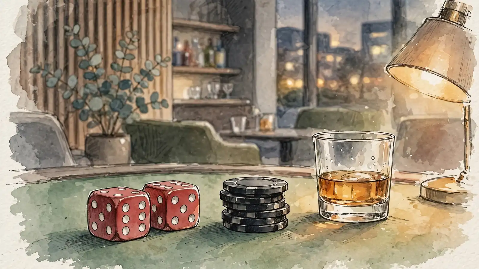 Red dice and chips on a green felt gaming table in an Australian casino lounge.