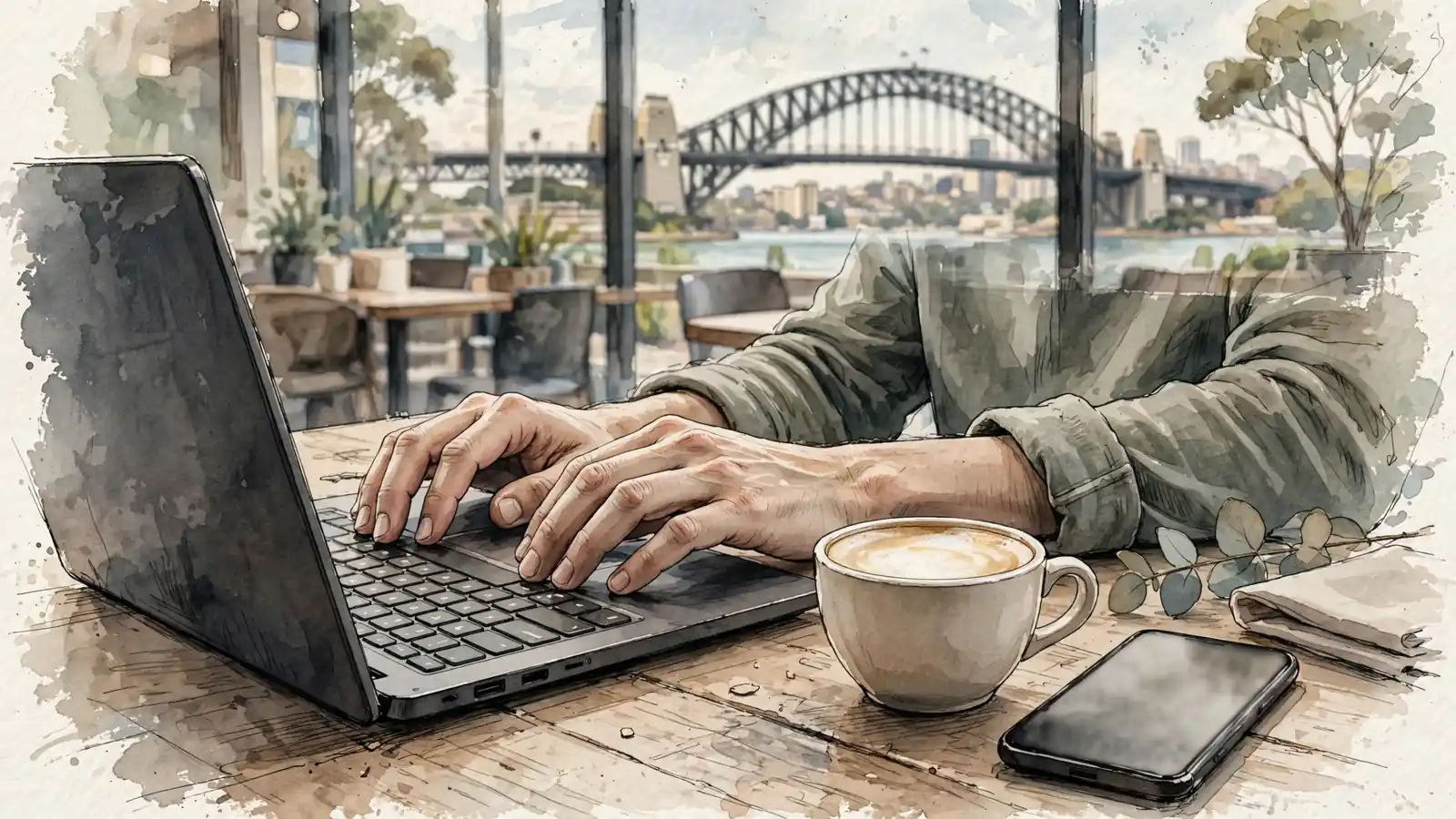 Hands entering a promo code on a laptop at a Sydney cafe.