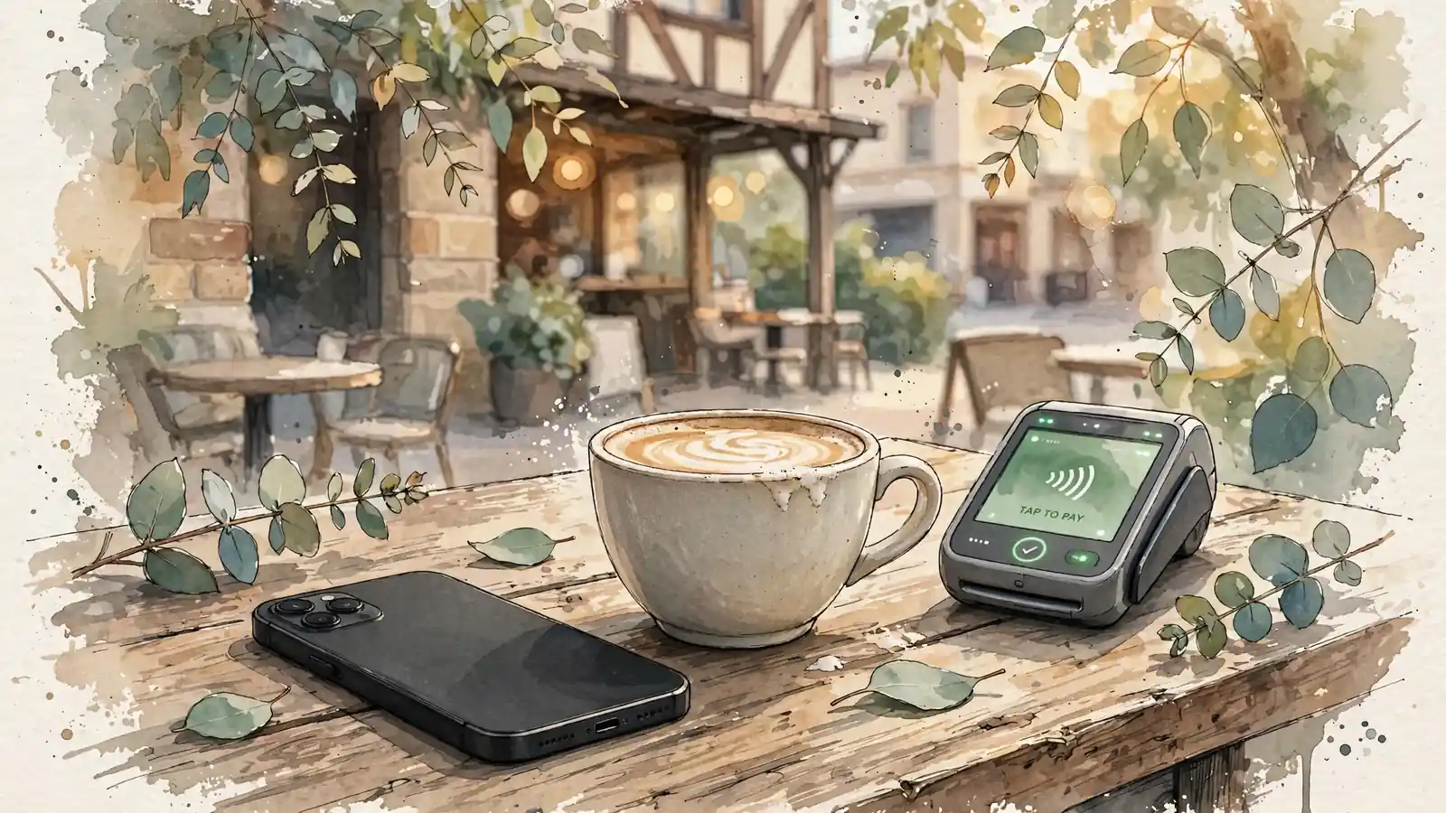 Smartphone on a Sydney cafe table near a payment terminal, Australian setting.