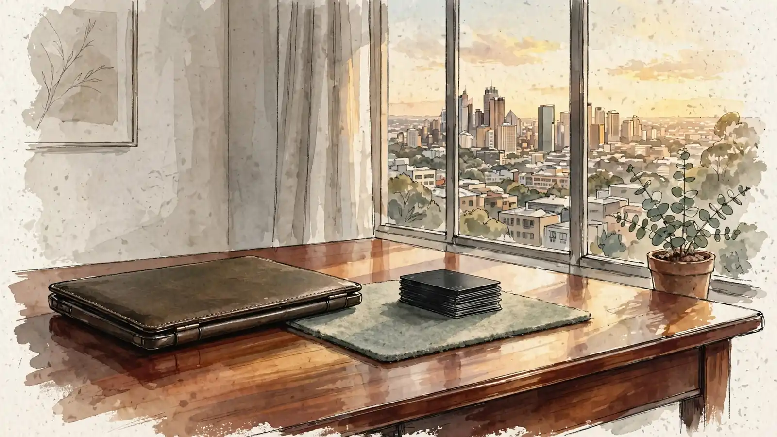 Desk scene with credit cards, closed laptop and Sydney skyline view