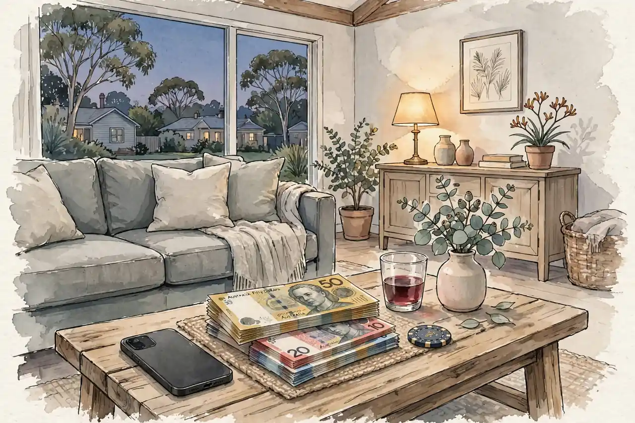 Smartphone on Australian coffee table with banknotes, chip, eucalyptus.