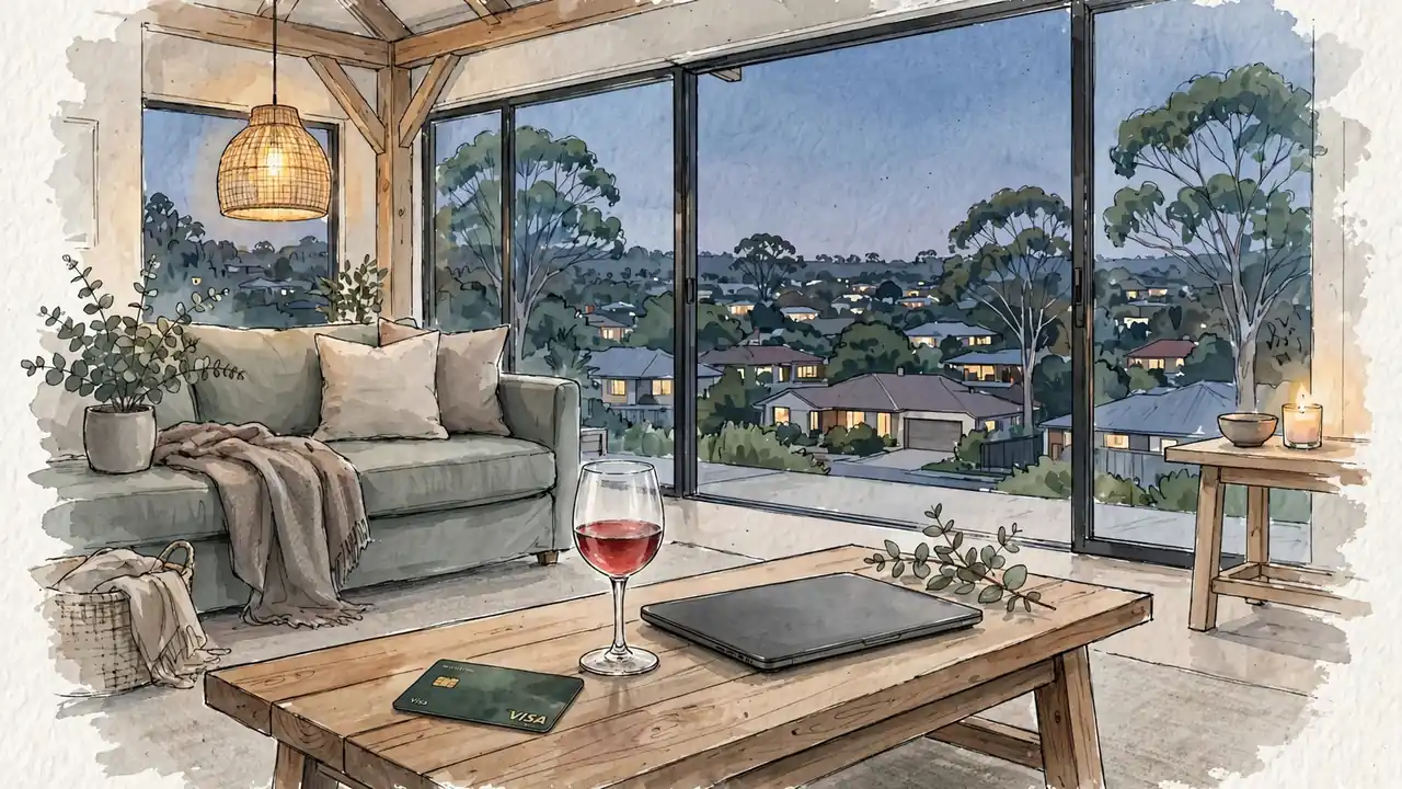 Visa card on a coffee table in a modern Australian apartment at dusk.