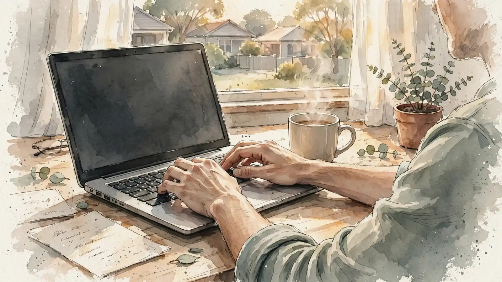Hands typing an email on a laptop at a sunlit Australian desk