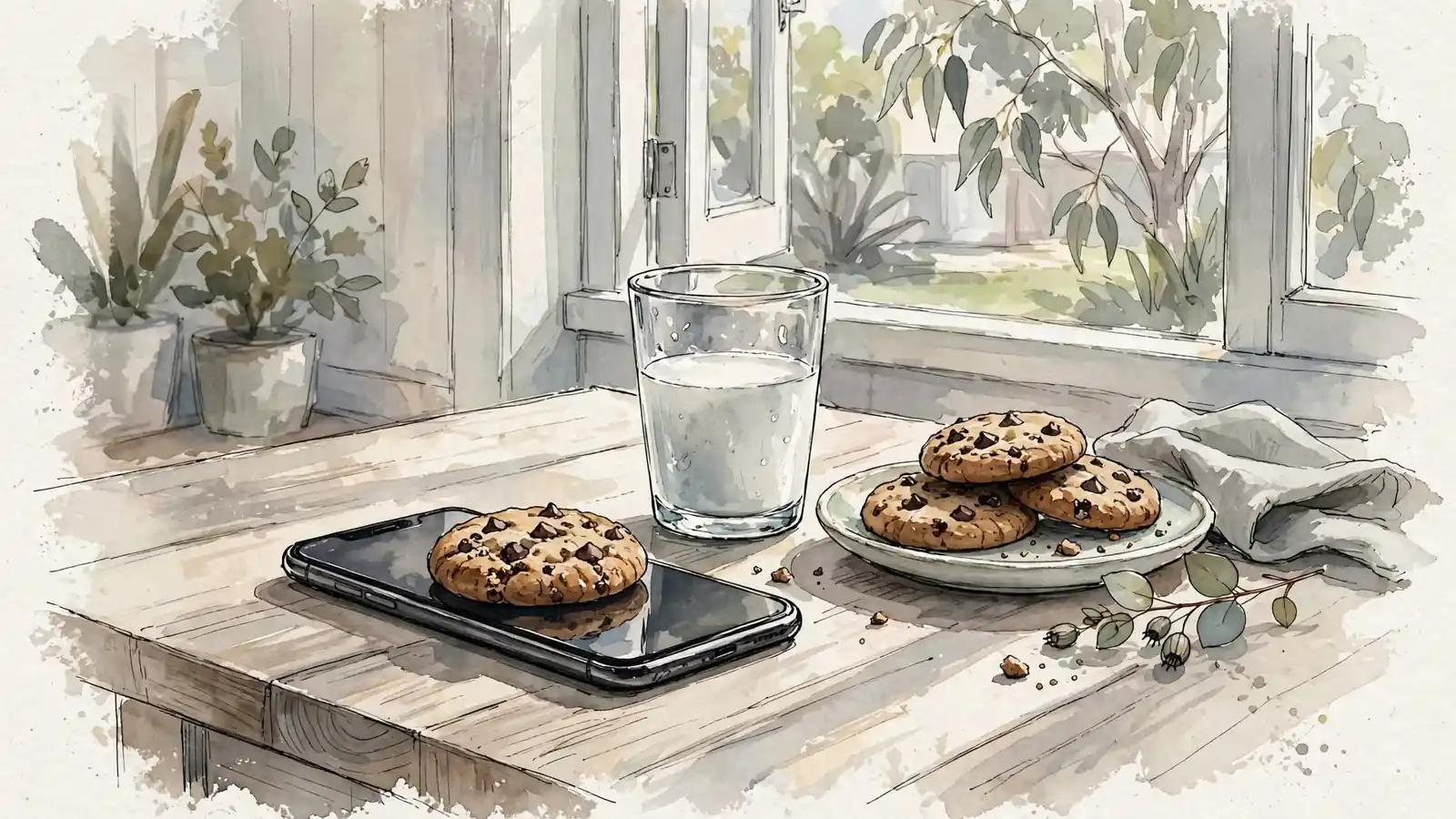 A smartphone on a table with a cookie on its screen, symbolising website cookies.