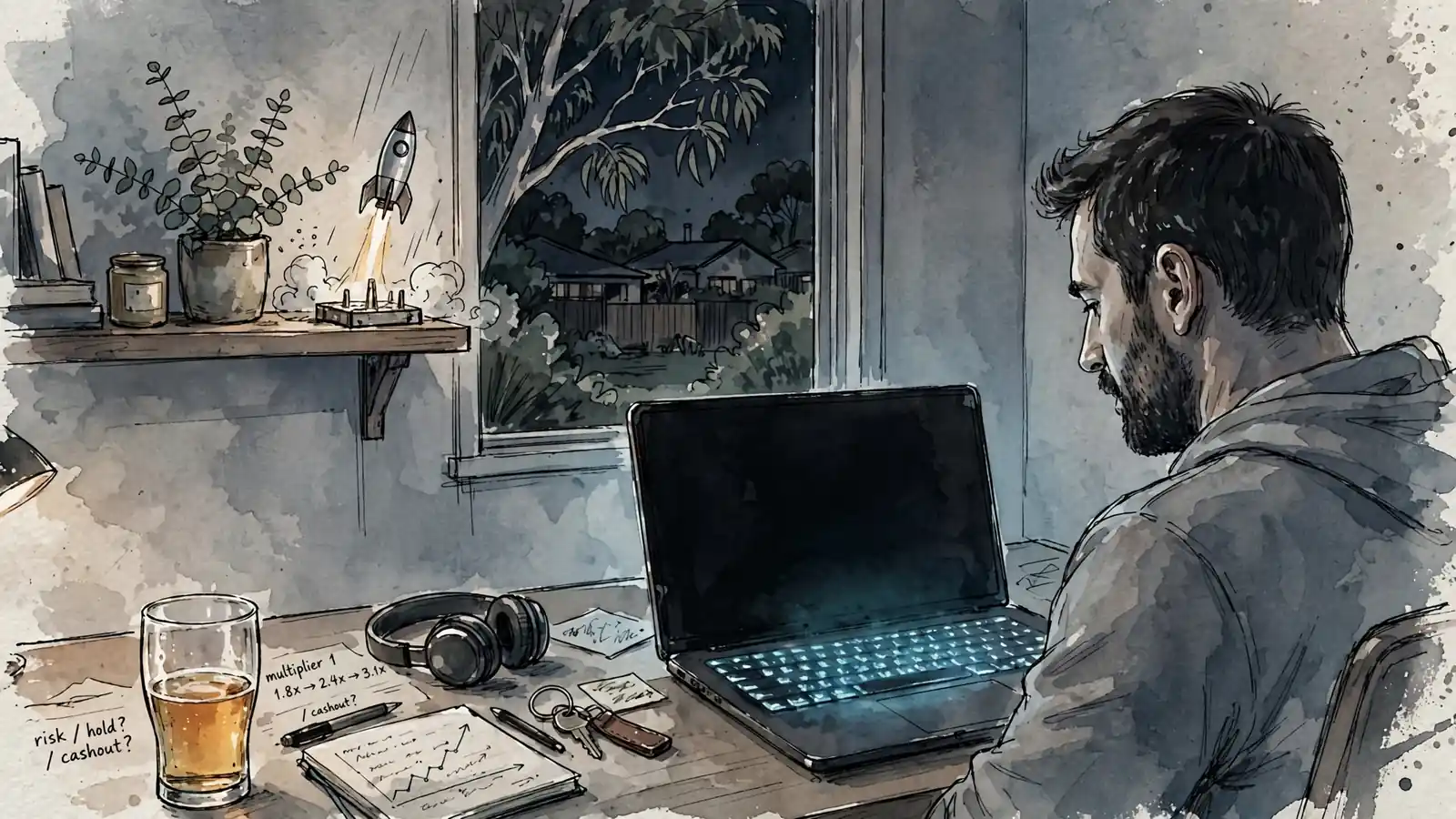 Australian player at desk with closed laptop, rocket figurine symbolizing crash game multiplier.