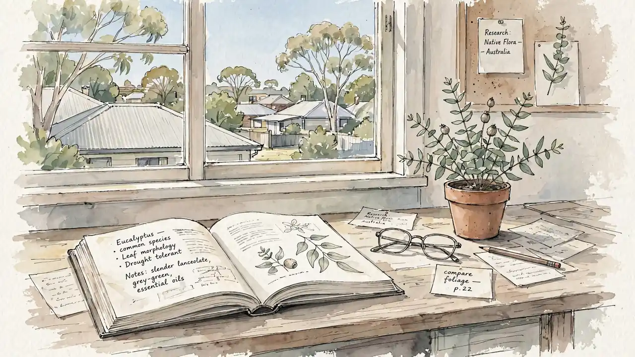 An open book, reading glasses and a small eucalyptus plant on a sunlit Australian home office desk.