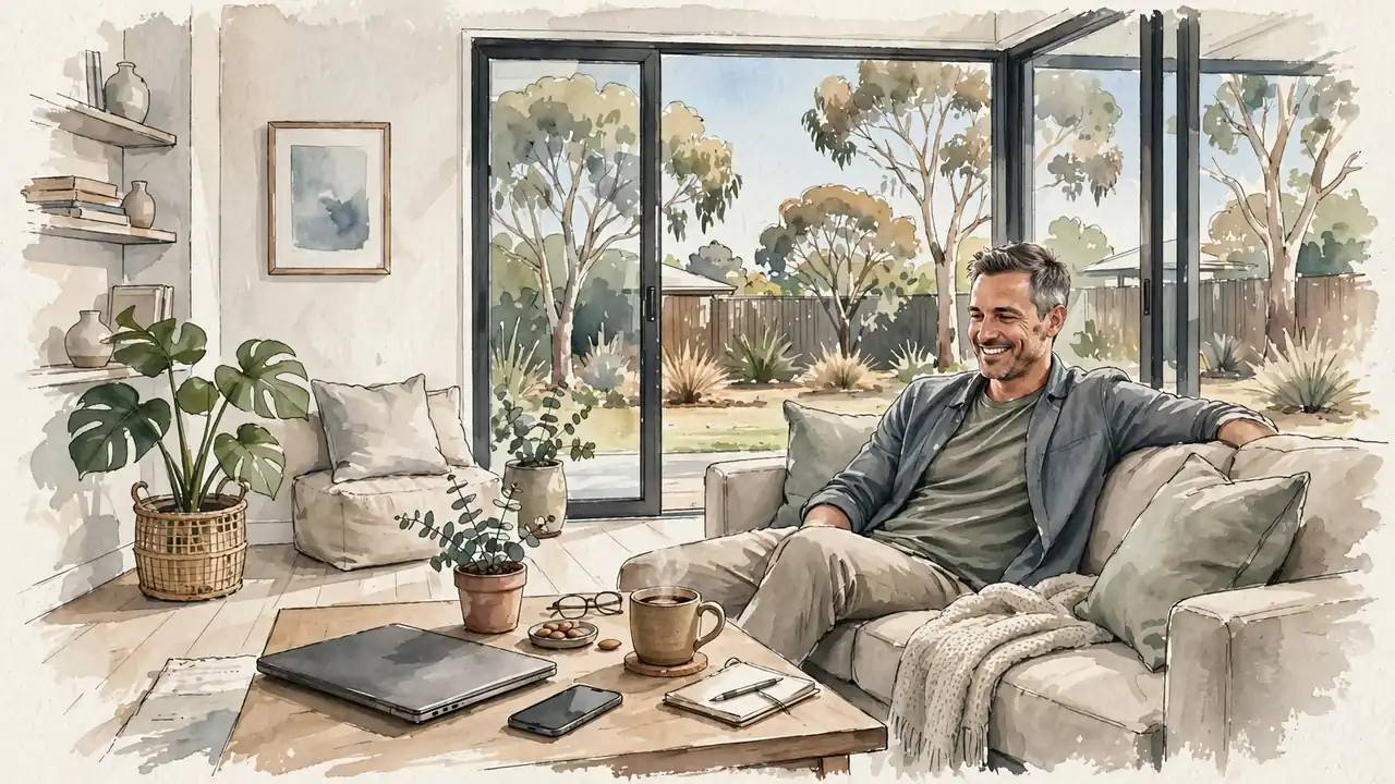 Australian man relaxing at home with laptop and coffee after a smooth casino payout
