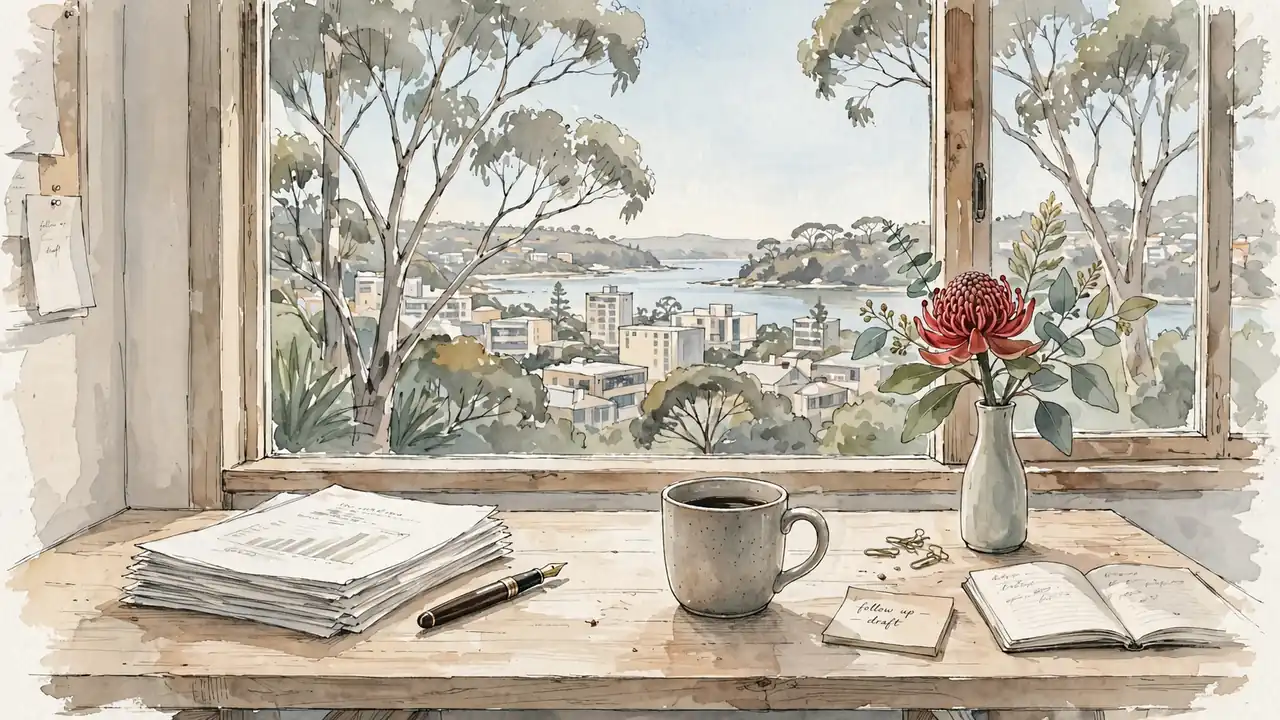 Australian office desk with printed pages, fountain pen, and coastal city skyline through window