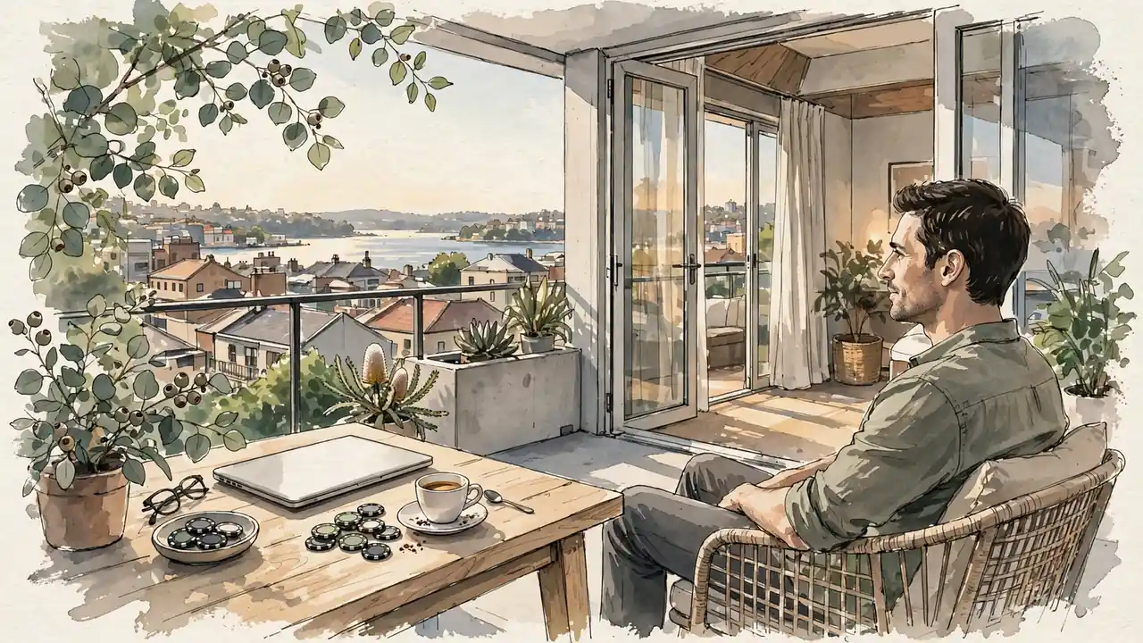 Person on a sunlit Sydney balcony with a closed laptop, espresso cup, and scattered casino chips near eucalyptus plants.