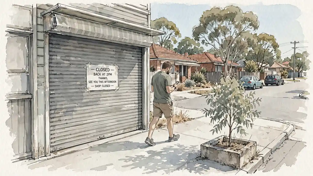 Closed Australian shopfront with printed notice, person walking past on phone.