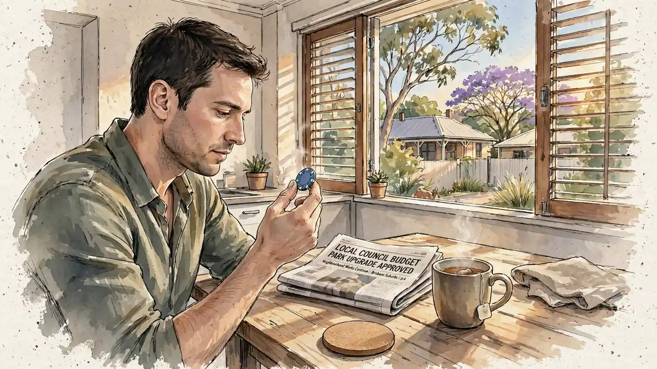 Man at kitchen table examining a single poker chip in afternoon light.
