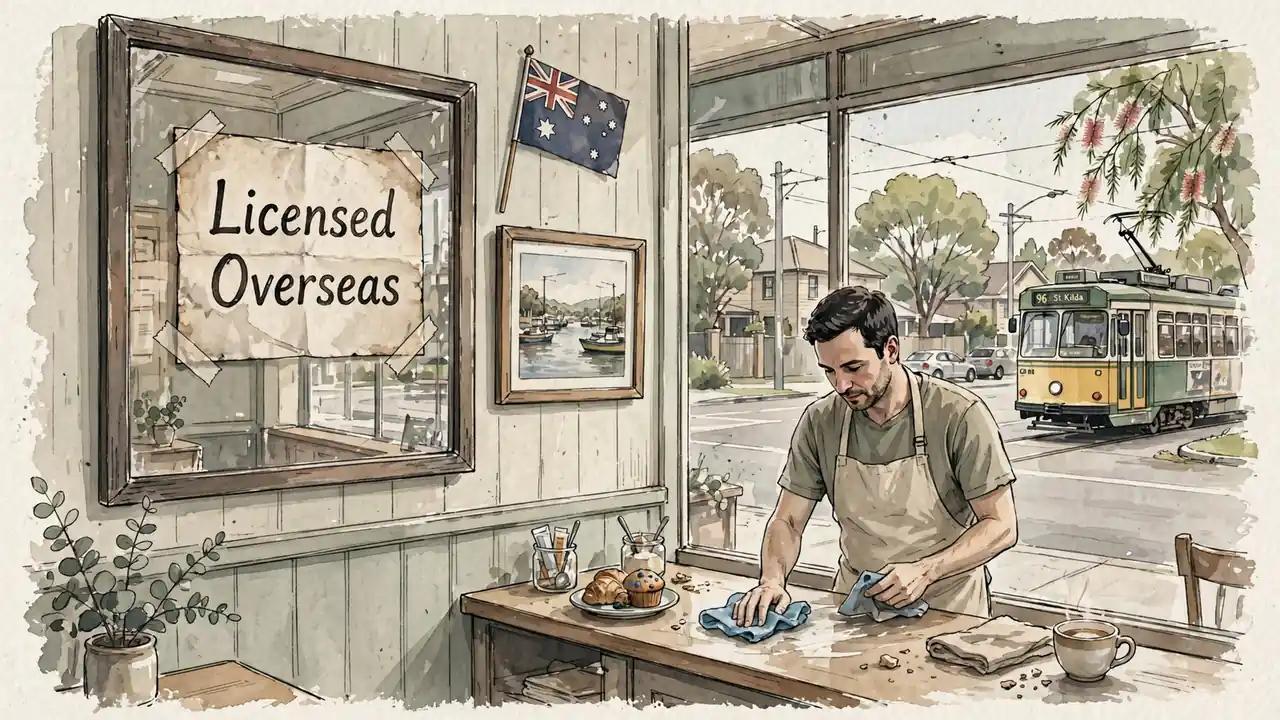 Overseas licence sign in a Melbourne café window near a tram.
