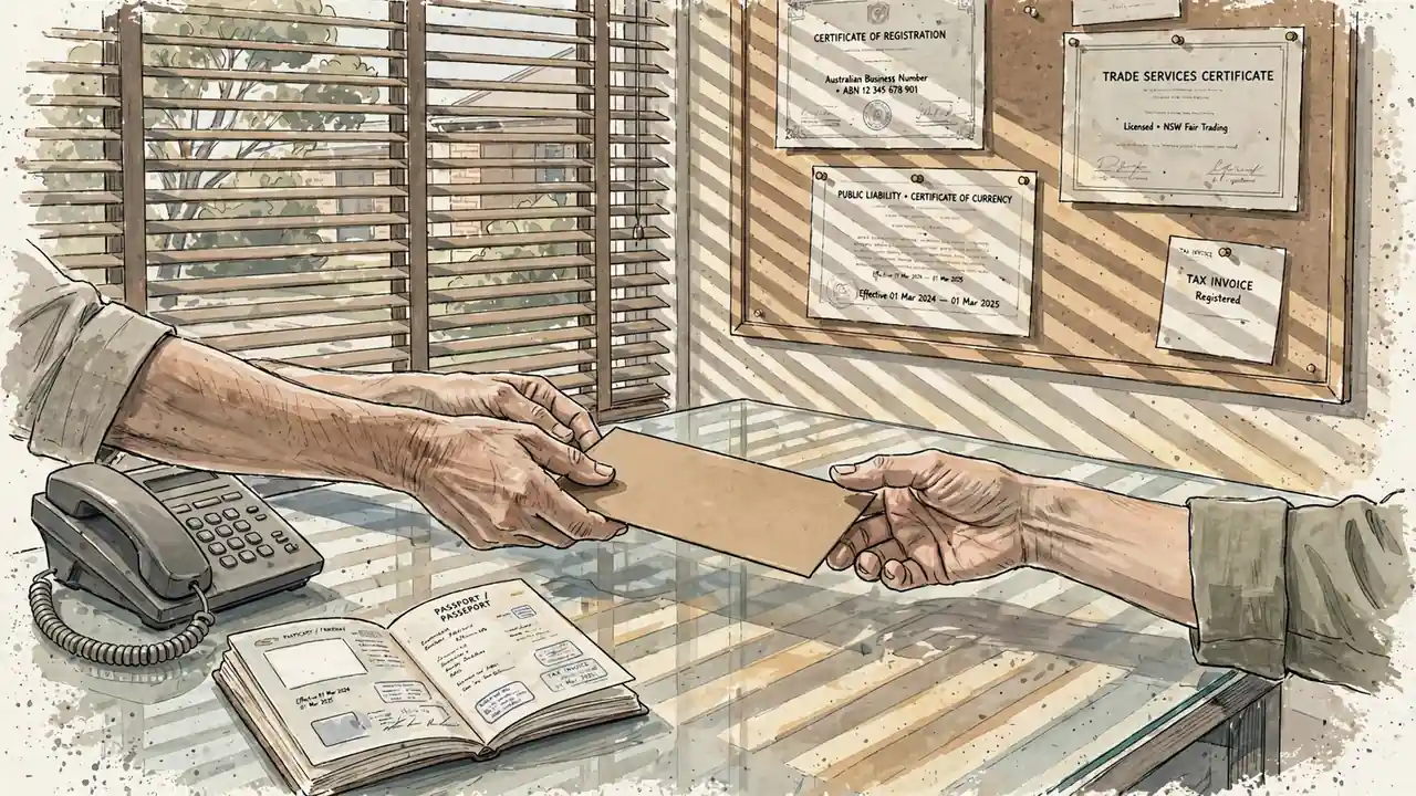 Hands exchanging envelope across desk with passport and phone in afternoon light.