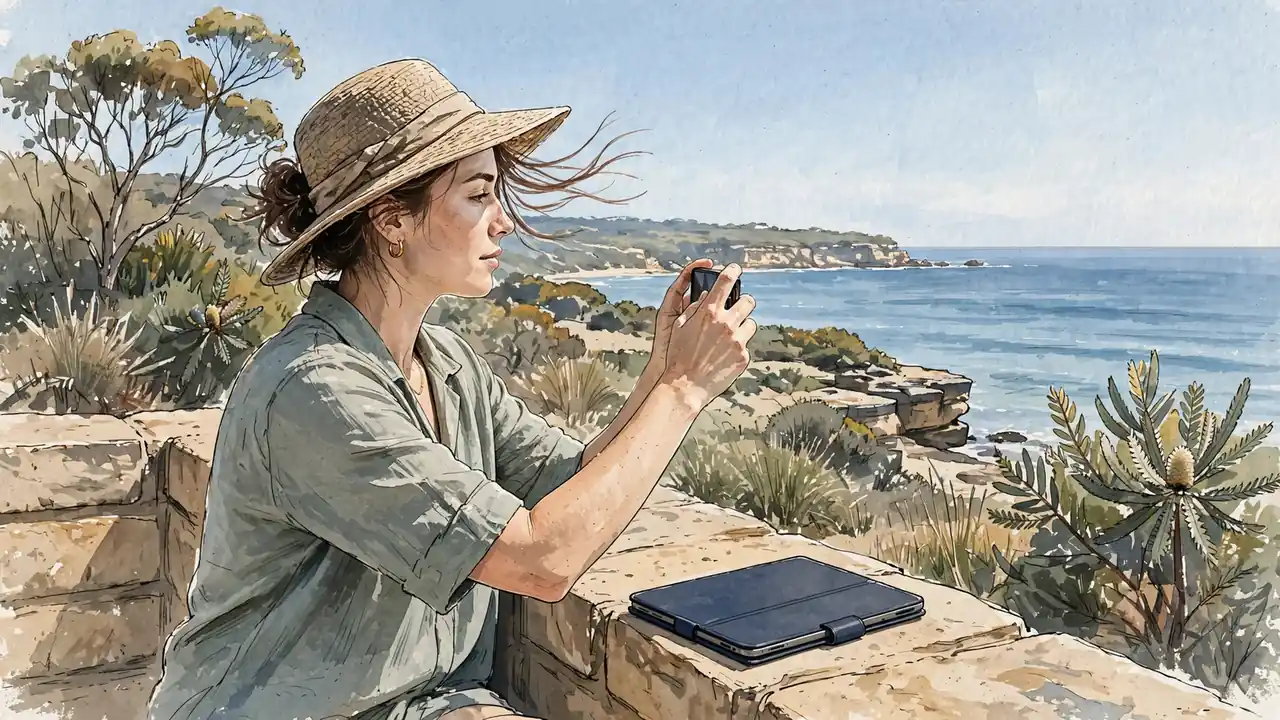 Woman at Australian coastal lookout holding phone toward the ocean.