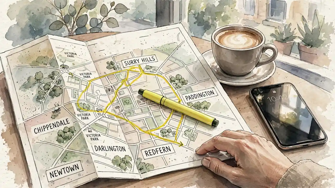 Folded Sydney map on café table marked with highlighter route.