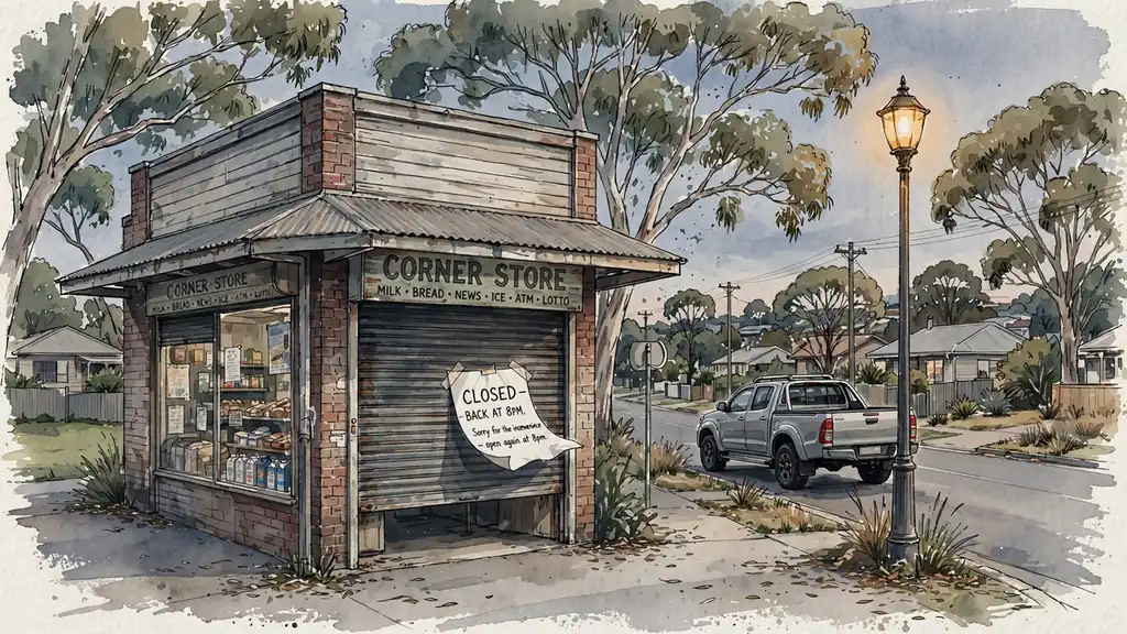 Perth shopfront with half-closed roller shutter and printed notice at dusk.