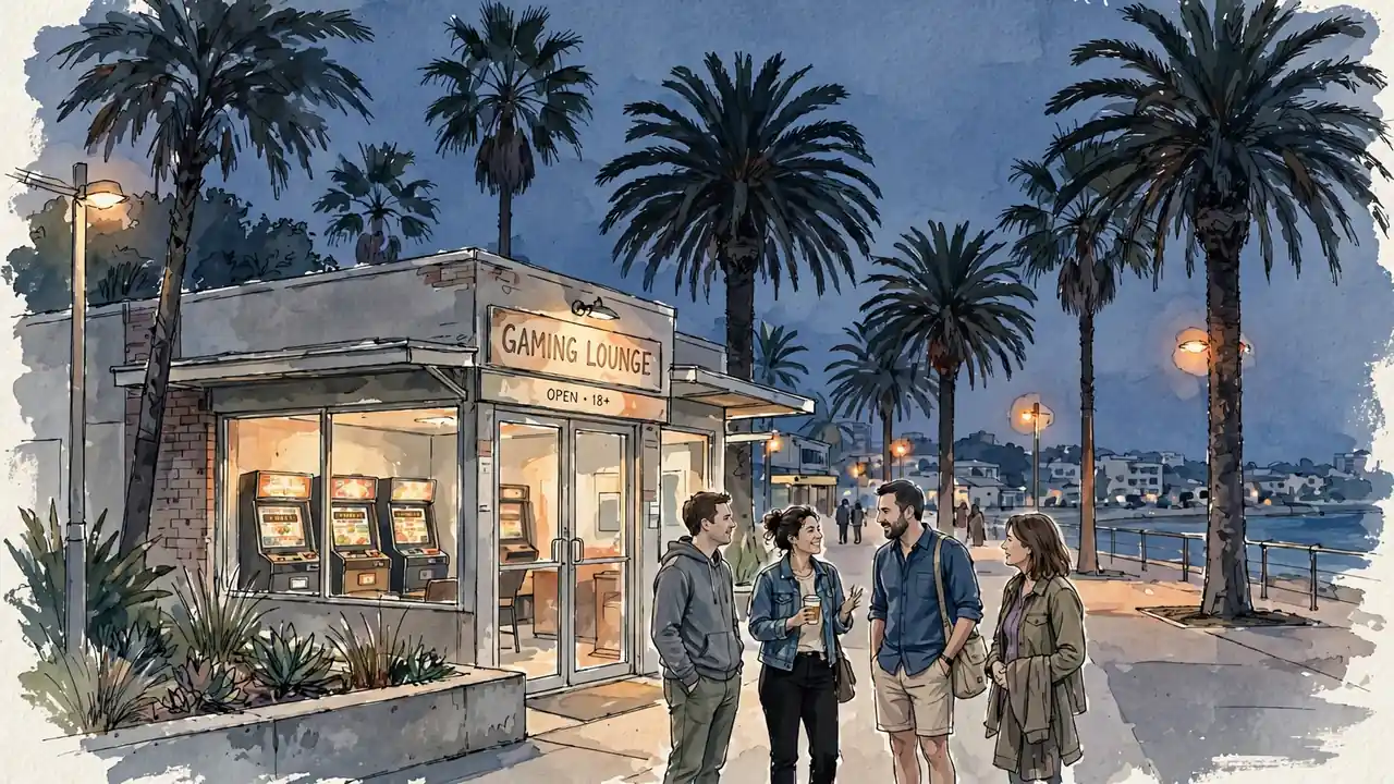 Australian coastal gaming lounge entrance at twilight with locals gathered outside under palm trees.
