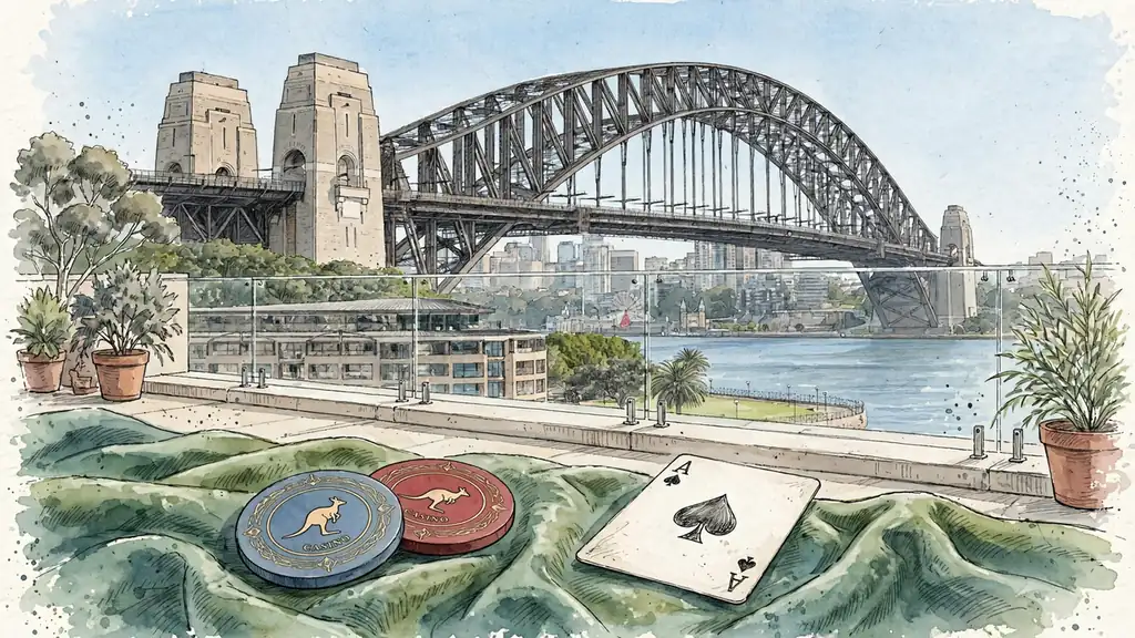 Casino chips and a playing card on a sunlit Australian harbour terrace.
