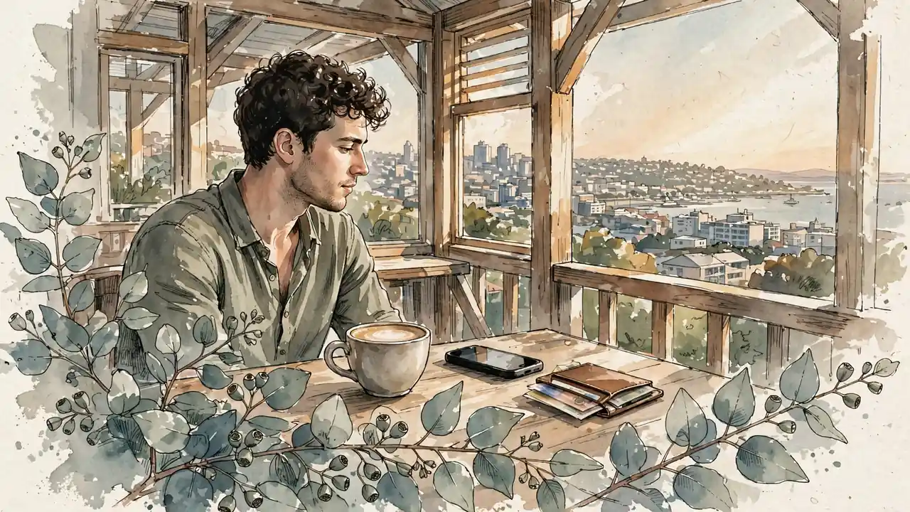Australian cafe veranda scene with face-down smartphone, coffee, and wallet in afternoon light.