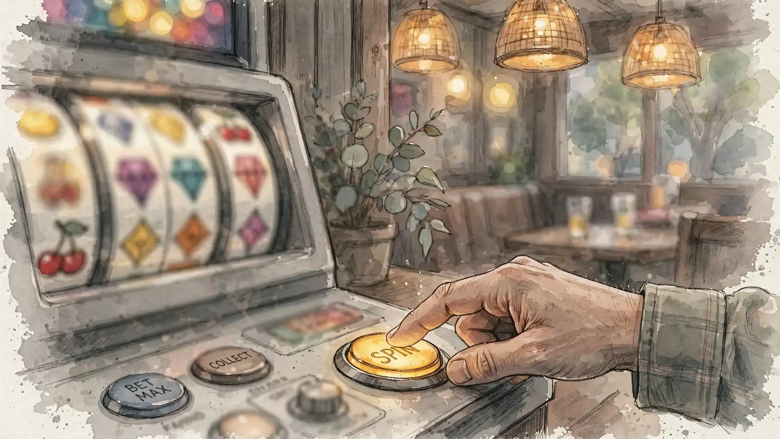 Hand pressing a pokie machine button in an Australian club