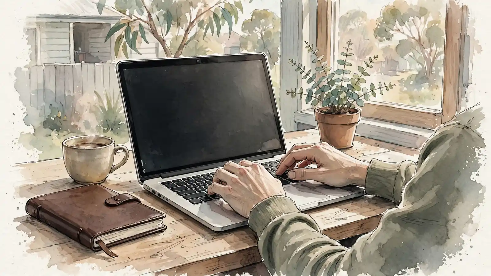 Hands typing on a laptop at a sunlit desk with a notebook and eucalyptus plant, illustrating online privacy.