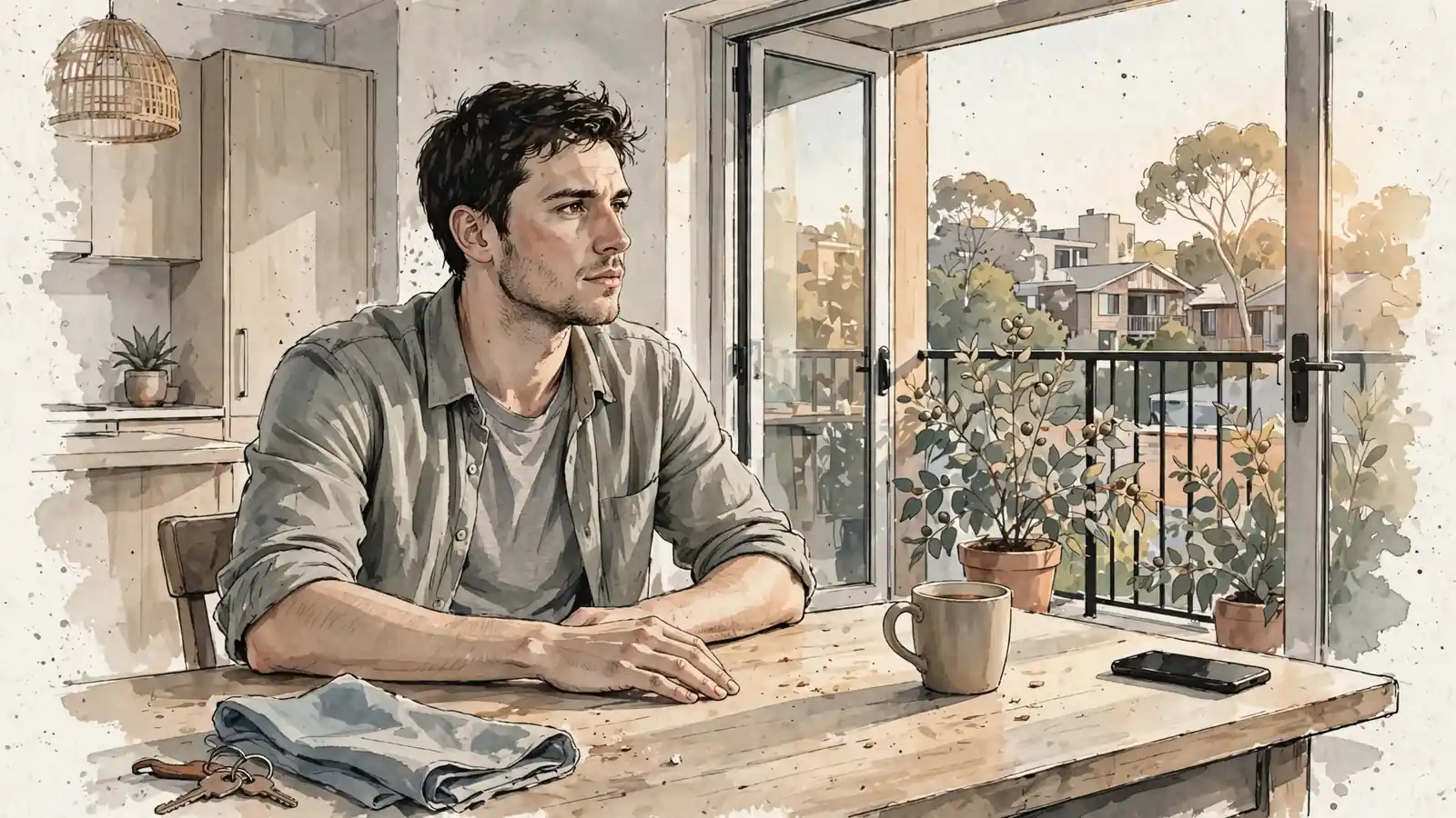 Man at kitchen table pausing before a smartphone, warm afternoon light, Australian apartment interior.