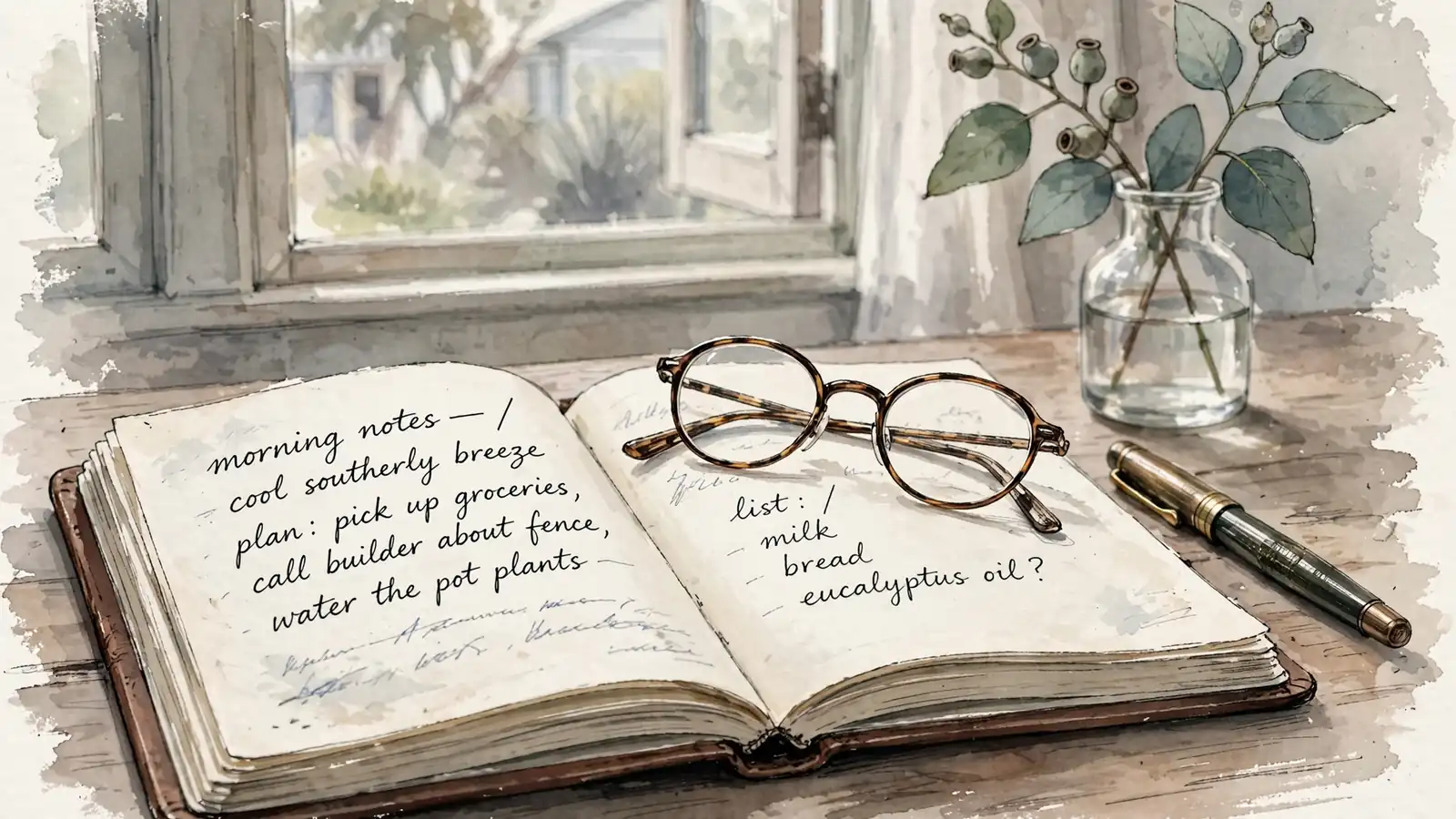 Open notebook, fountain pen, and glasses on a sunlit wooden desk