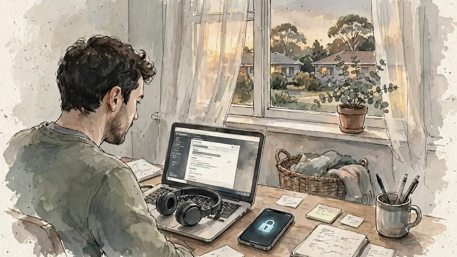 Person at desk using VPN on laptop and phone in Australian home.